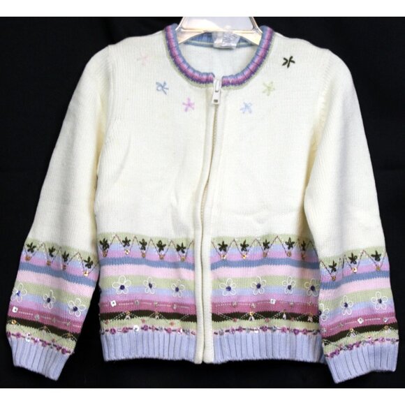 NWT 2005 Gymboree Winter Princess Zip Cardigan Sweater White Flower Stripes Chev - Picture 1 of 6